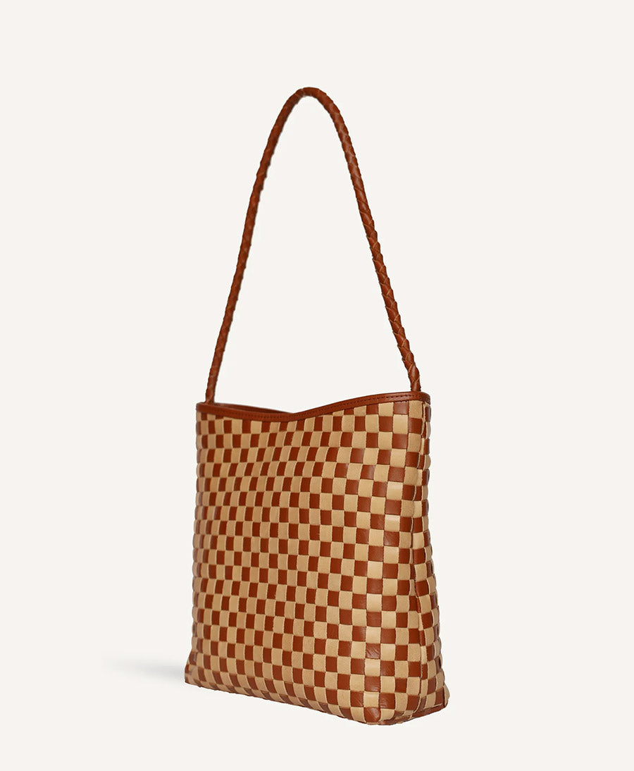 Gewebte Ledertasche "PAULINE" - Caramel x Sienna Check