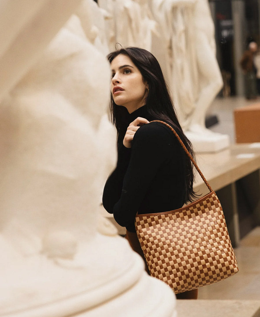 Gewebte Ledertasche "PAULINE" - Caramel x Sienna Check