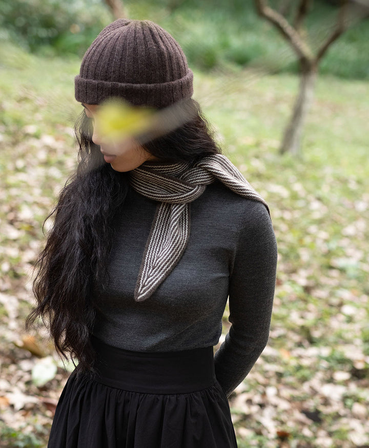Kleiner Gestrickter Schal / Foulard aus Kaschmir - Braun / Weiss gestreift