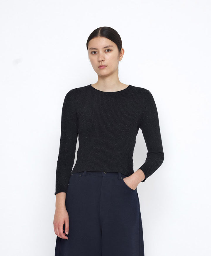 Top Feinstrick Ribbed Langarm - Schwarz