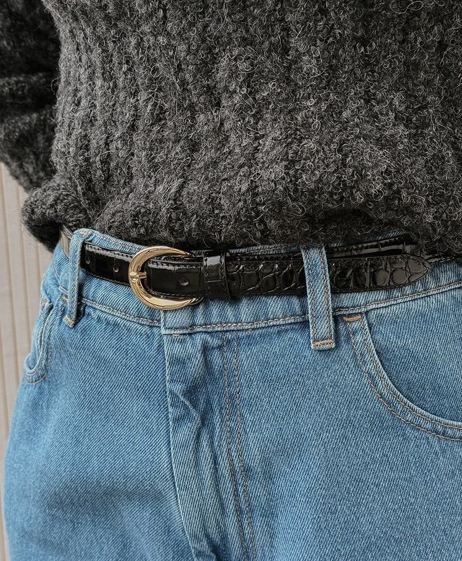 Ledergürtel LOUISA mit goldiger Schnalle - Croco Schwarz