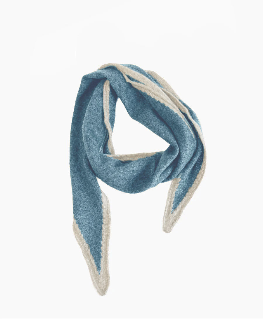 Kleiner Gestrickter Schal / Foulard aus Kaschmir - Blau / Creme