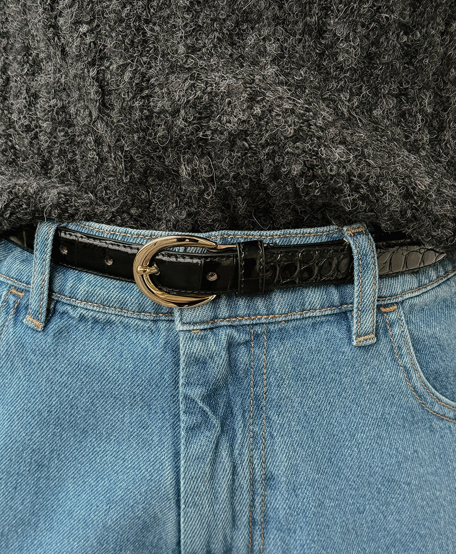 Ledergürtel LOUISA mit goldiger Schnalle - Croco Schwarz
