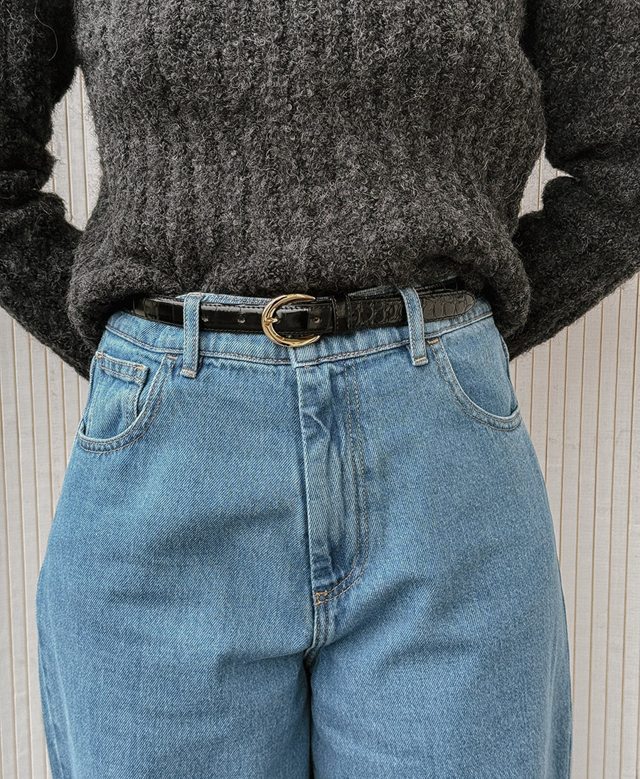 Ledergürtel LOUISA mit goldiger Schnalle - Croco Schwarz