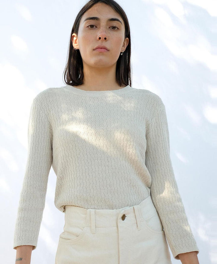 Feinstrick Top - Ripple Knit Tee Cream - Micaela Greg - clomes