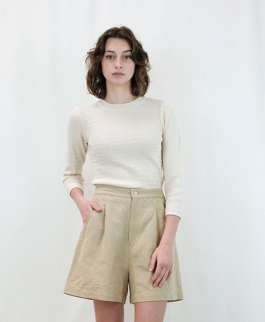 Feinstrick Top - Ripple Knit Tee Cream - Micaela Greg - clomes