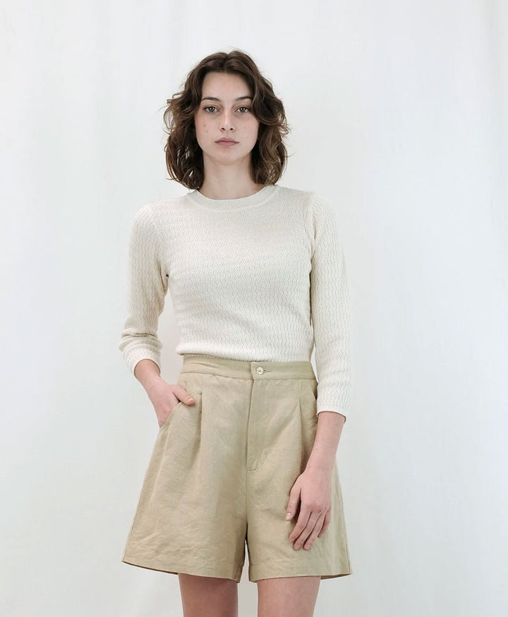 Feinstrick Top - Ripple Knit Tee Cream - Micaela Greg - clomes