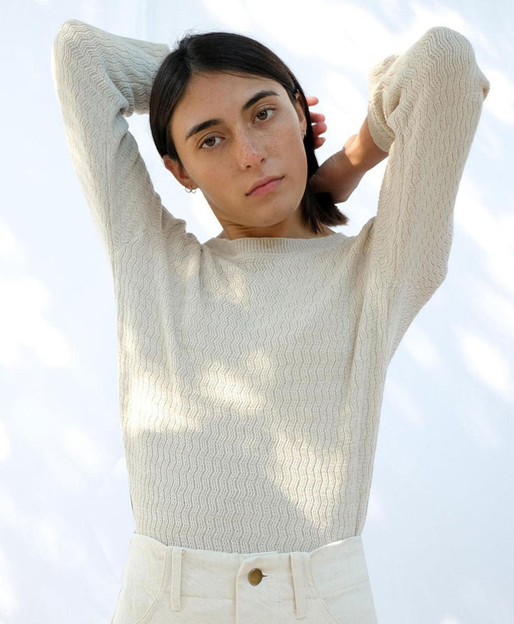 Feinstrick Top - Ripple Knit Tee Cream - Micaela Greg - clomes
