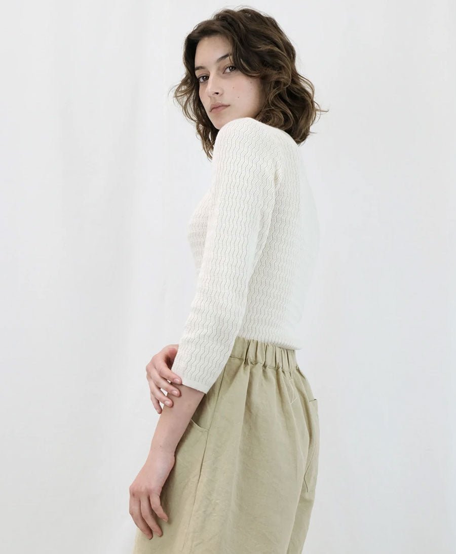 Feinstrick Top - Ripple Knit Tee Cream - Micaela Greg - clomes