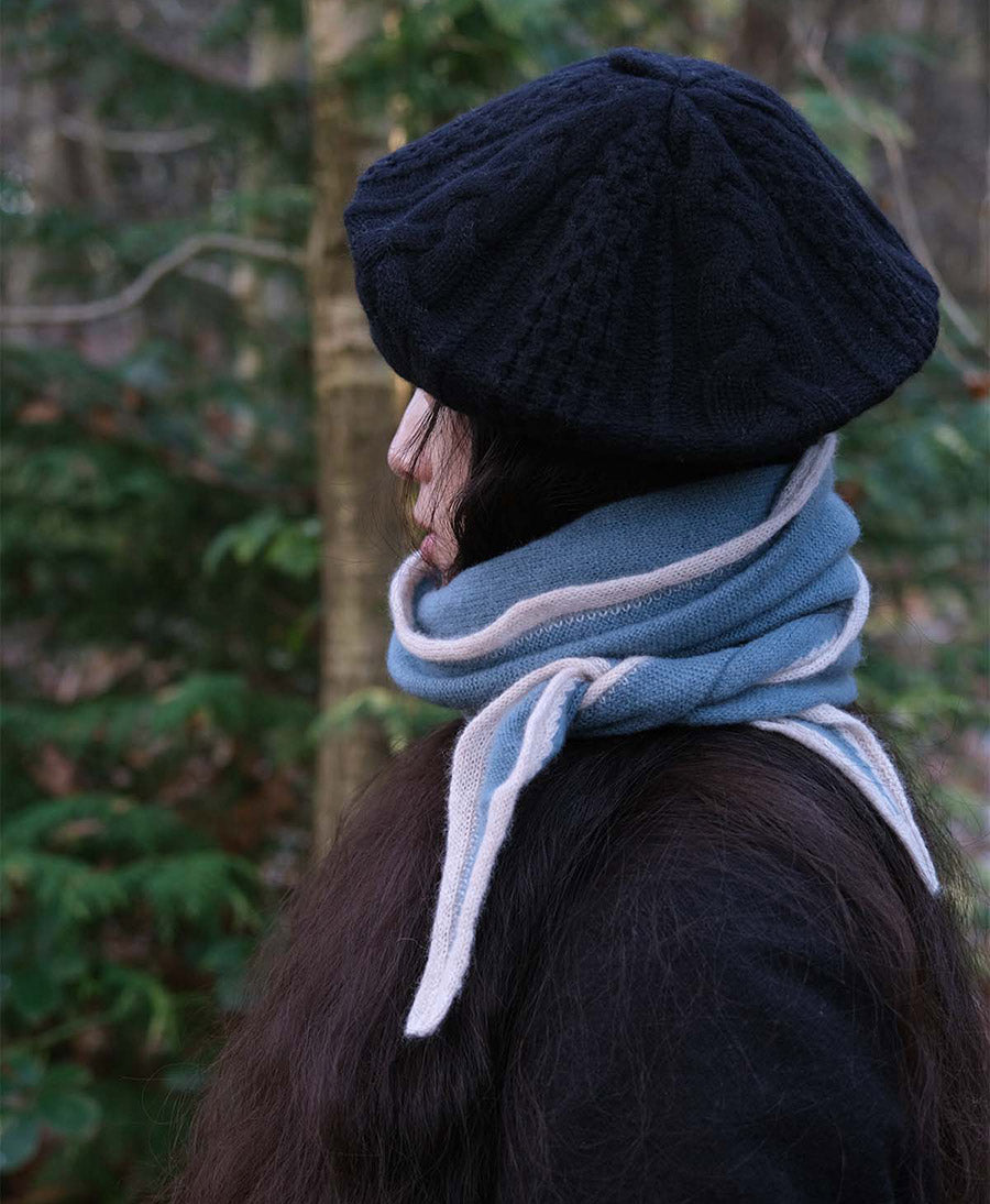 Kleiner Gestrickter Schal / Foulard aus Kaschmir - Blau / Creme
