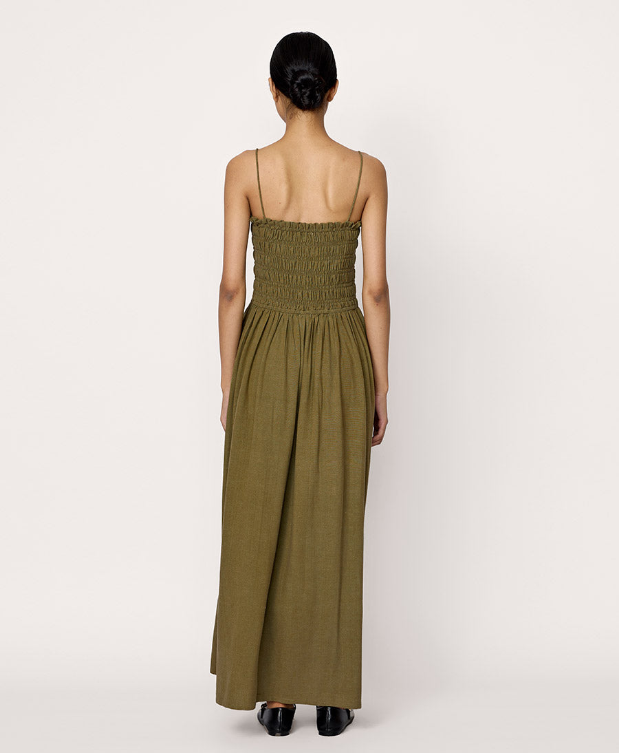 Langes Kleid aus Seide - Olivgrün