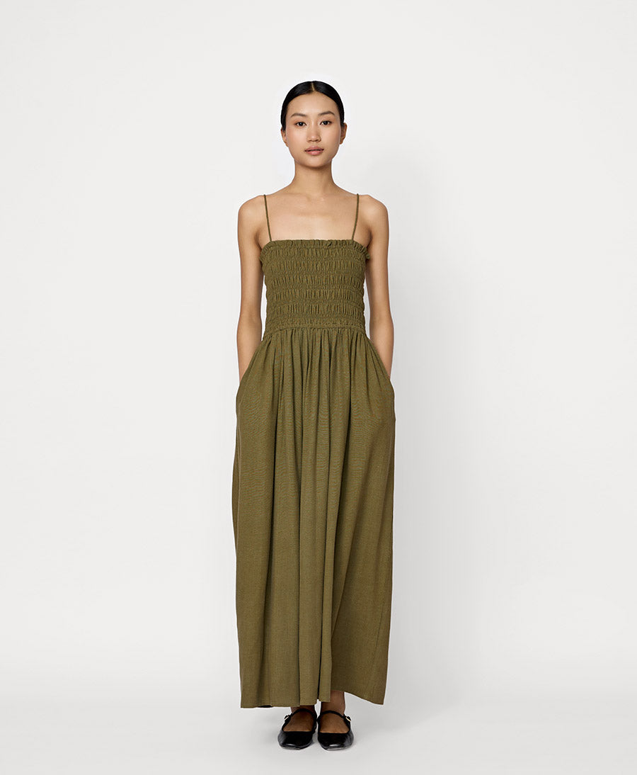 Langes Kleid aus Seide - Olivgrün