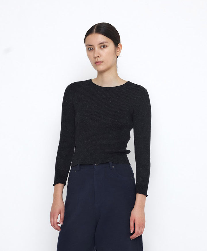 Top Feinstrick Ribbed Langarm - Schwarz