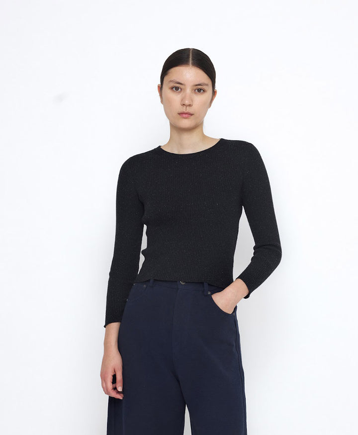 Top Feinstrick Ribbed Langarm - Schwarz