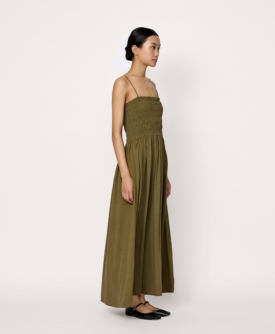 Langes Kleid aus Seide - Olivgrün