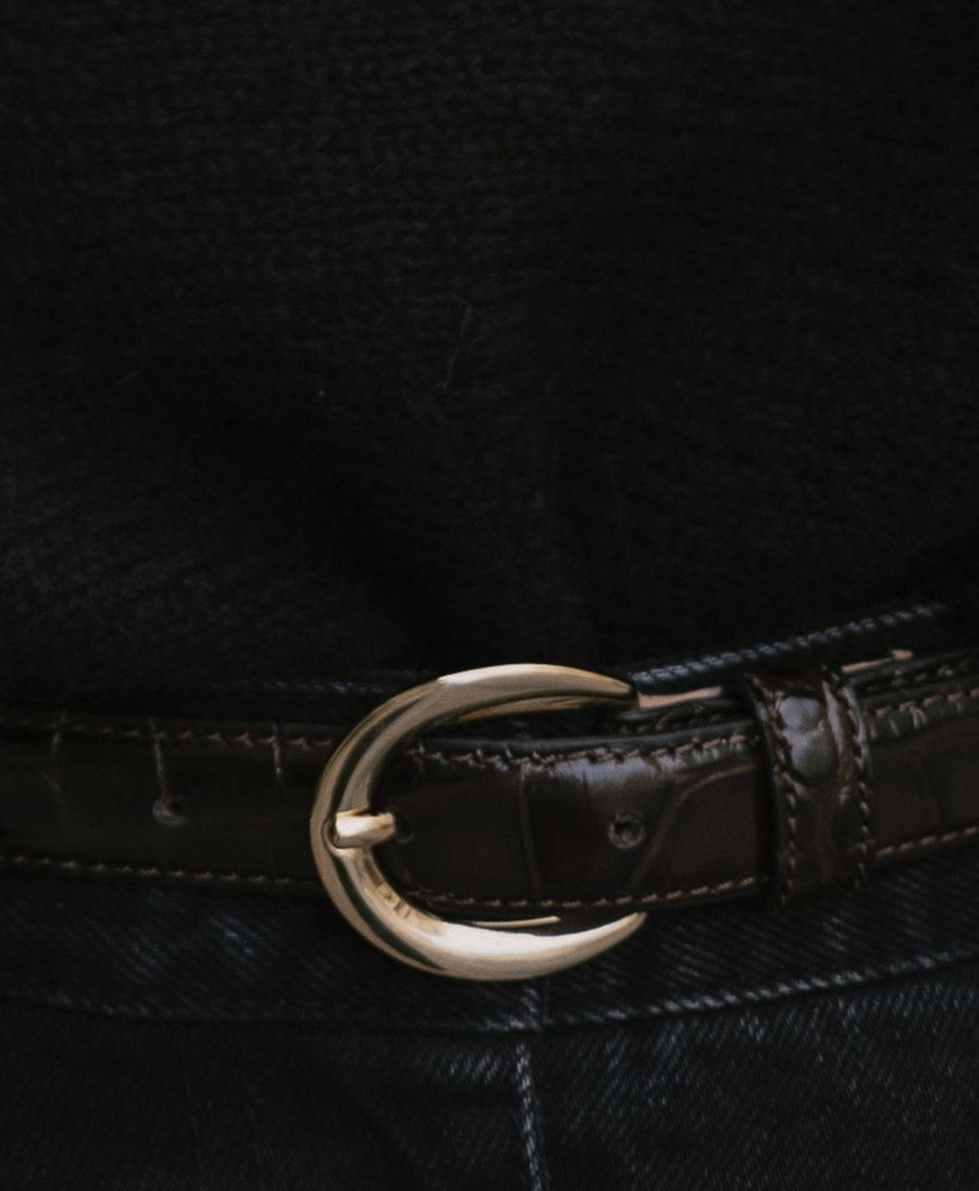 Ledergürtel LOUISA mit goldiger Schnalle - Croco Dunkelbraun - Clomes - clomes