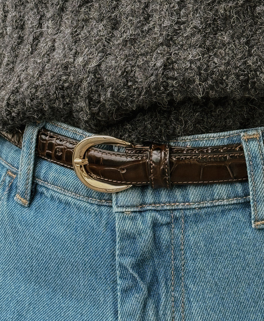Ledergürtel LOUISA mit goldiger Schnalle - Croco Dunkelbraun