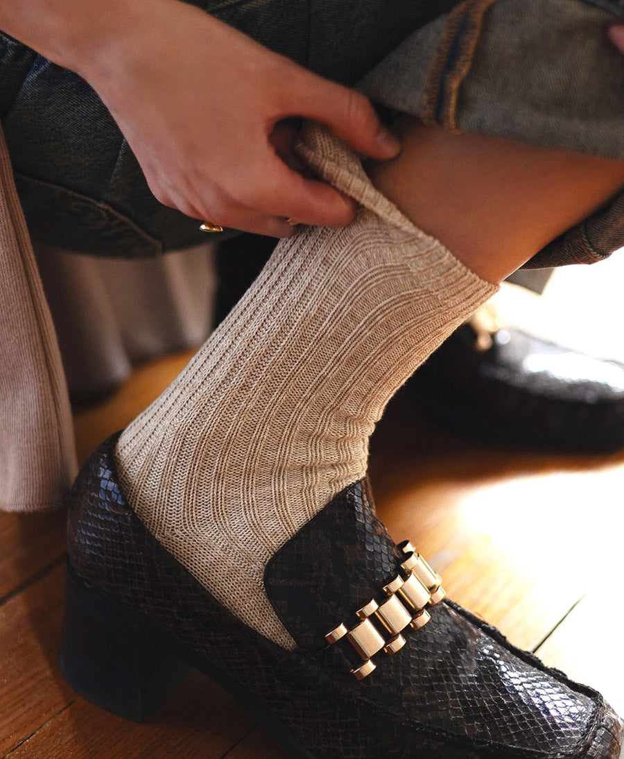 Gerippte Socken Baumwolle Melange - Beige