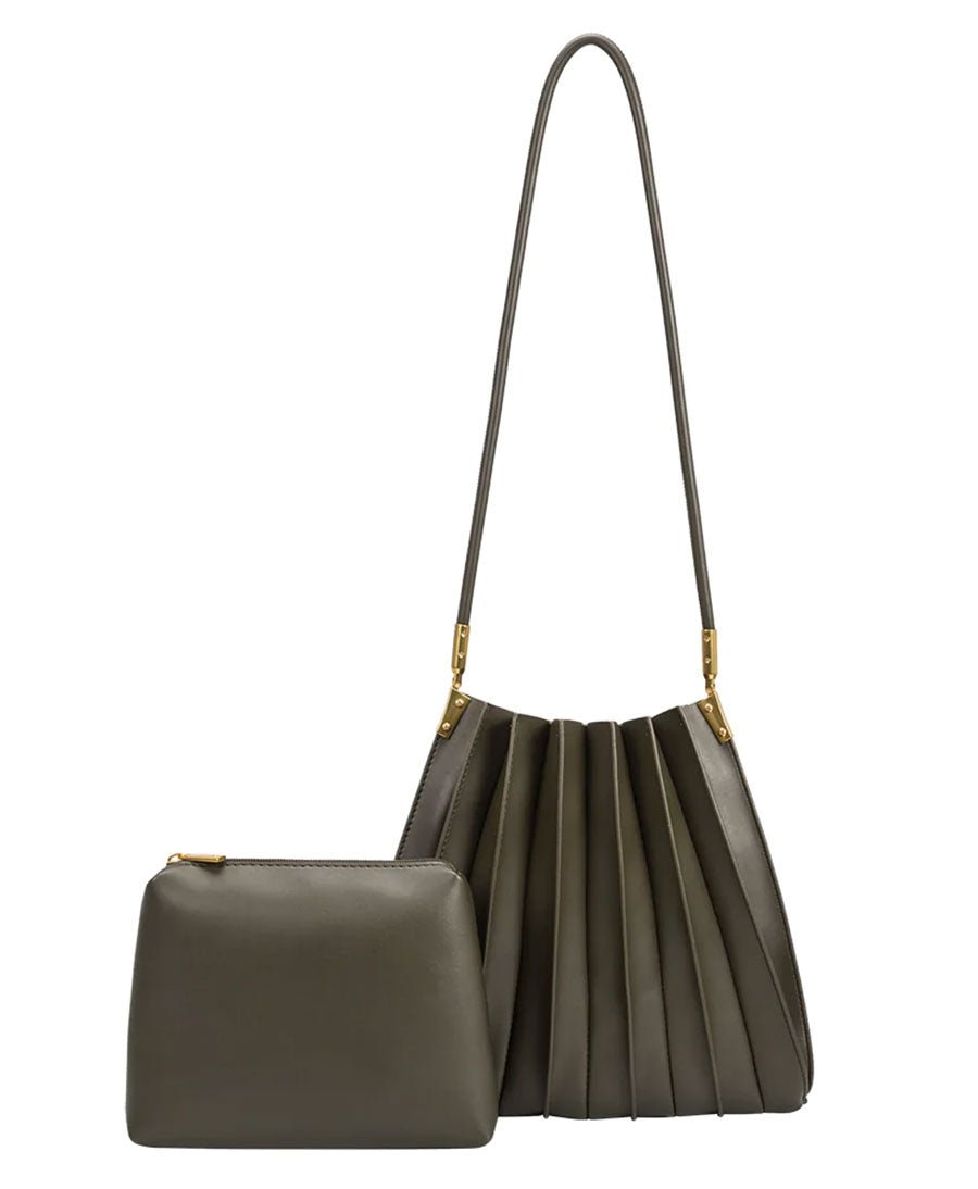Plissierte Schultertasche CARRIE aus veganem Leder - Olivgrün - Melie Bianco - clomes