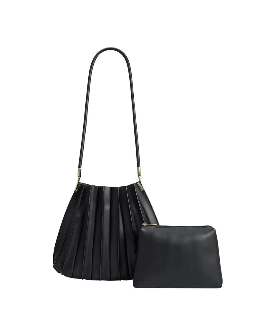 Plissierte Schultertasche CARRIE aus veganem Leder - Schwarz - Melie Bianco - clomes