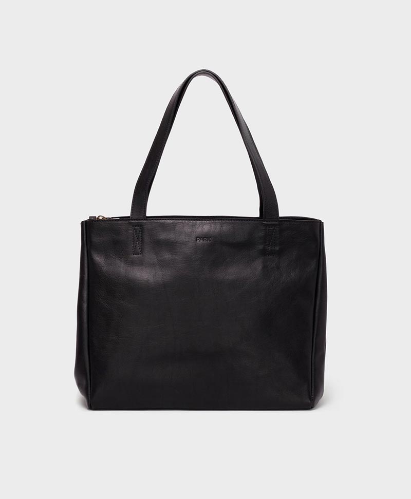 Schultertasche mit Reissverschluss "Tote Bag" aus schwarzem Leder - PARK - clomes
