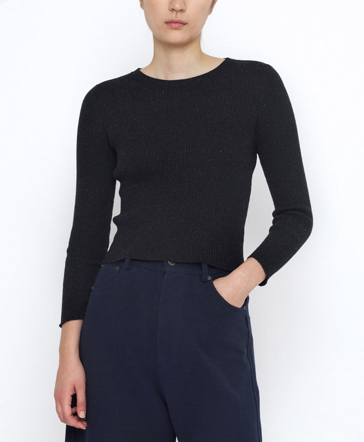 Top Feinstrick Ribbed Langarm - Schwarz