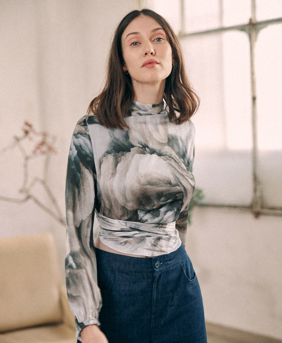 Wickelbluse aus Ecovero  - Print Blaugrau