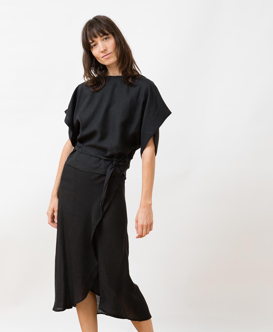 Wrap Skirt Rio - Wickelrock aus schwarzer Leinen  - Black