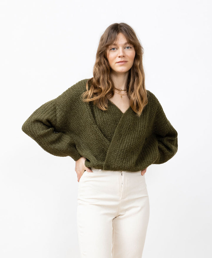 Leichter Strick-Wickelcardigan VEGA - Olive