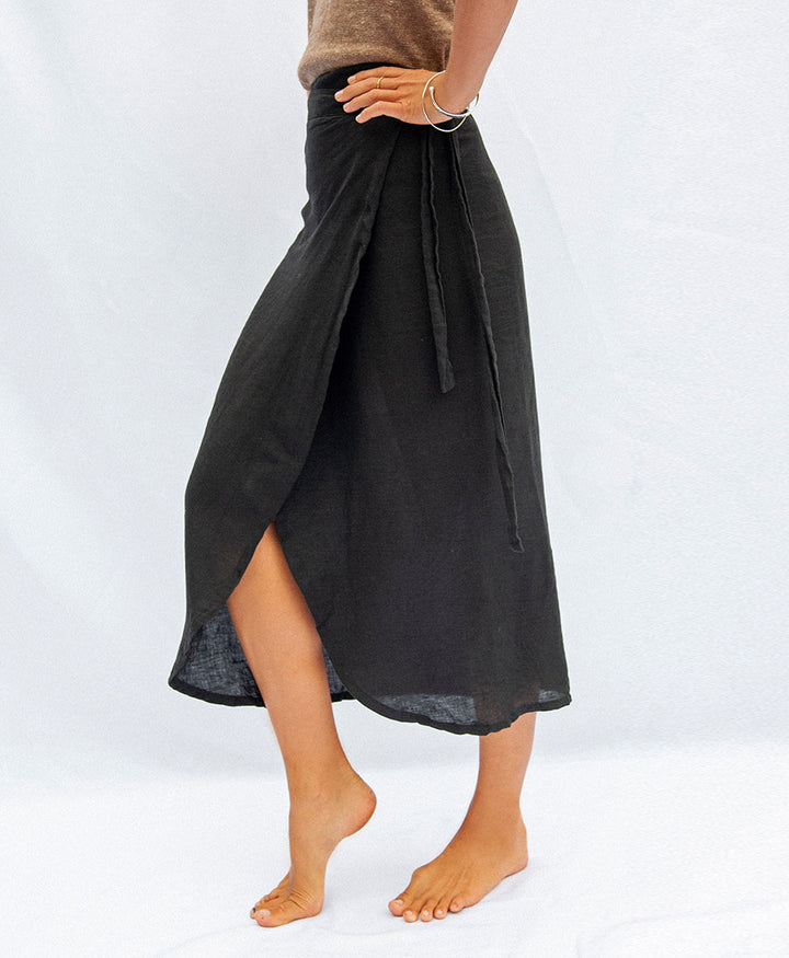 Wrap Skirt Rio - Wickelrock aus schwarzer Leinen  - Black