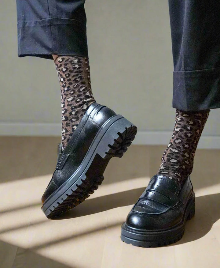 Glitzer Socken Lyocell - Leopard Dunkelbraun