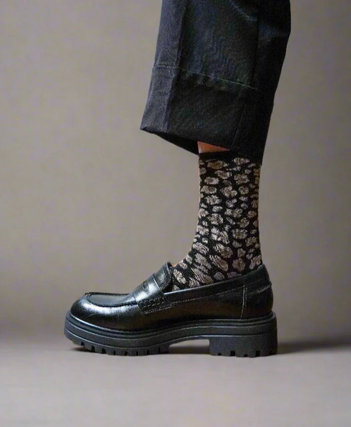 Glitzer Socken Lyocell - Leopard Schwarz