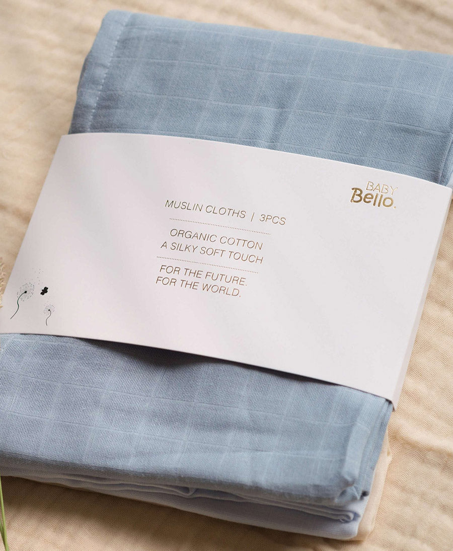 Mullwindeln Musselin (3er Set) aus Bio-Baumwolle - Sanftes Blau