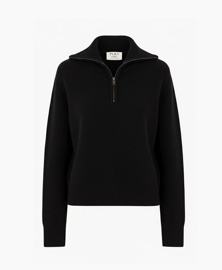 Pullover mit Reissverschluss - Half Zip Sweater - Kaschmir/Seide - Schwarz