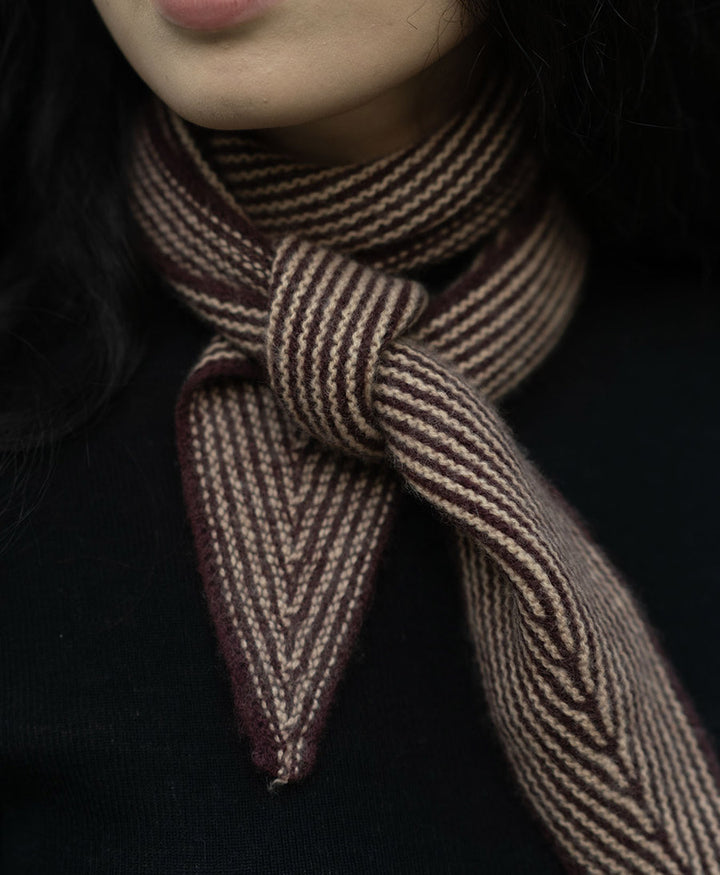 Kleiner Gestrickter Schal / Foulard aus Kaschmir - Dunkelrot / Beige gestreift
