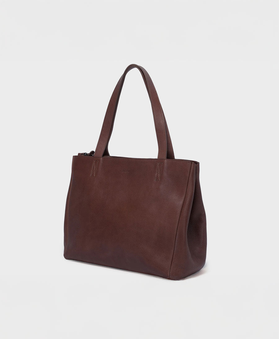 Schultertasche mit Reissverschluss "Tote Bag" aus dunkelbraunem Leder