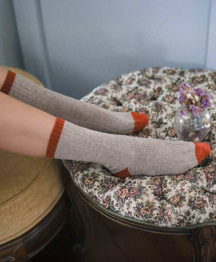 Socken Merinowolle mit Streifen - Beige / Orange