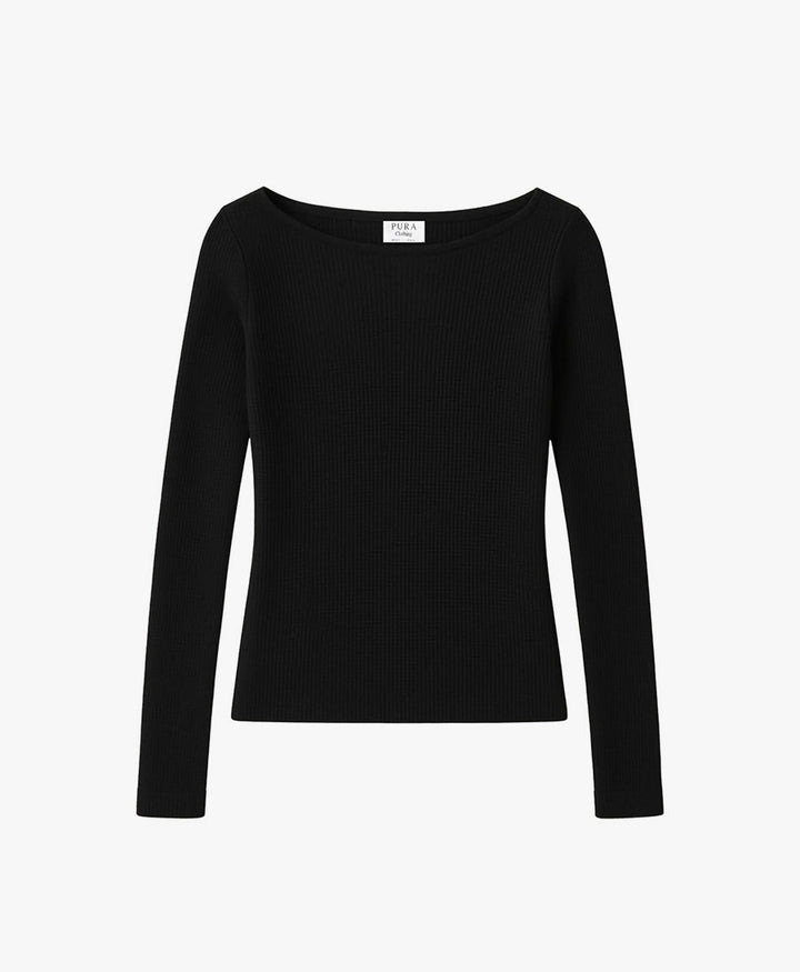 Merino Langarm-Shirt mit U-Boot-Ausschnitt - Schwarz