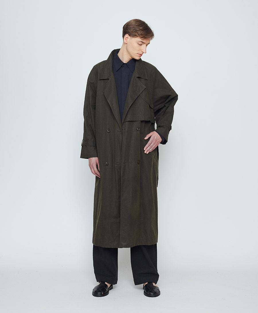 Mantel Long Rain Trench aus gewachster Baumwolle - Deep Olive