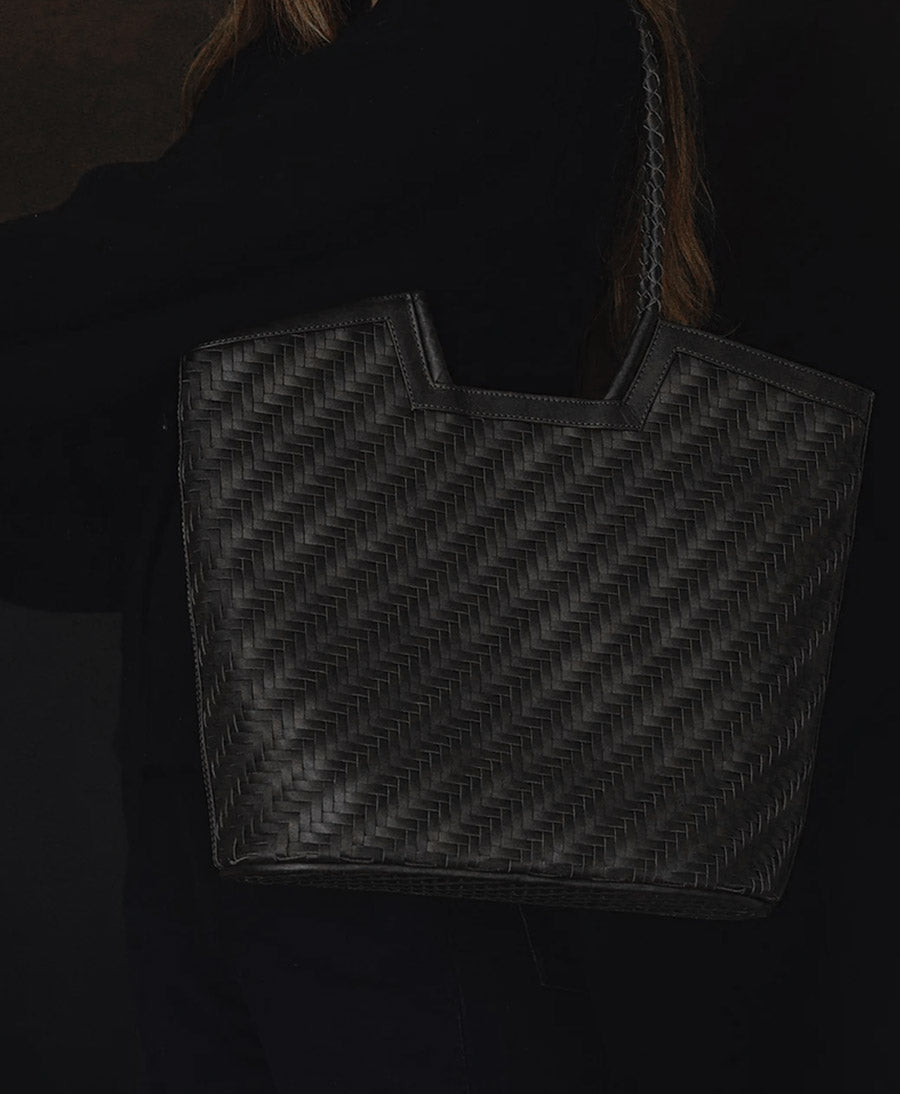 Gewebte Ledertasche "Camilla Large" - Schwarz
