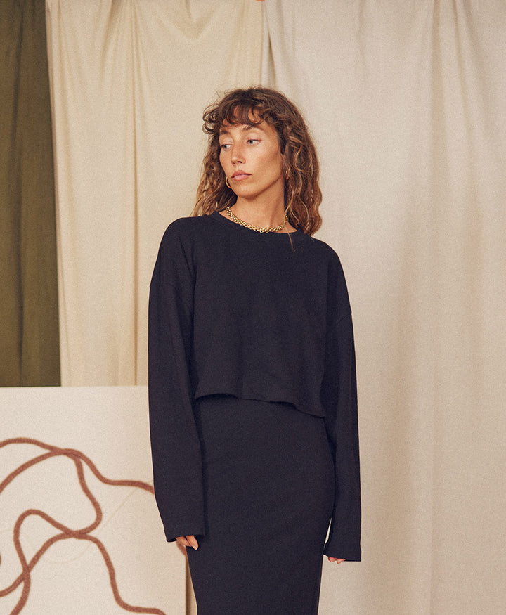 Cropped Langarm Top  - Schwarz
