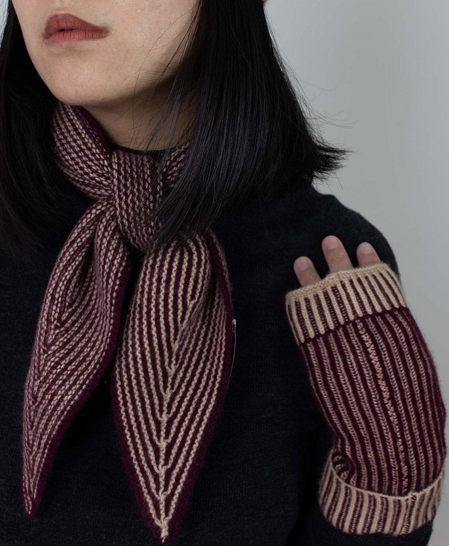 Kleiner Gestrickter Schal / Foulard aus Kaschmir - Dunkelrot / Beige gestreift