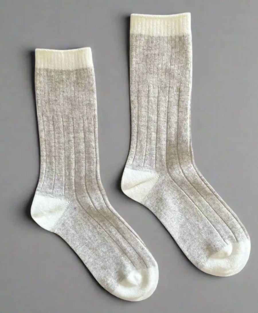 Socken Merinowolle mit Streifen - Sand / Creme