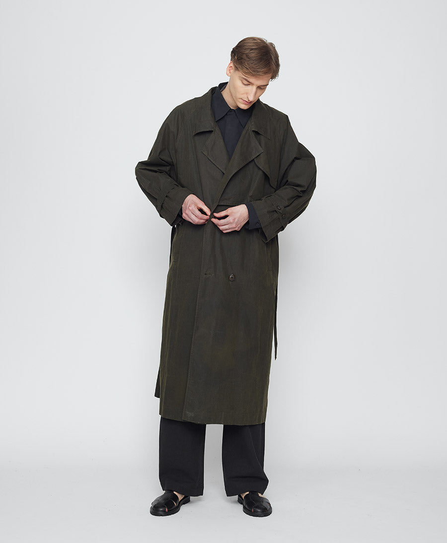 Mantel Long Rain Trench aus gewachster Baumwolle - Deep Olive