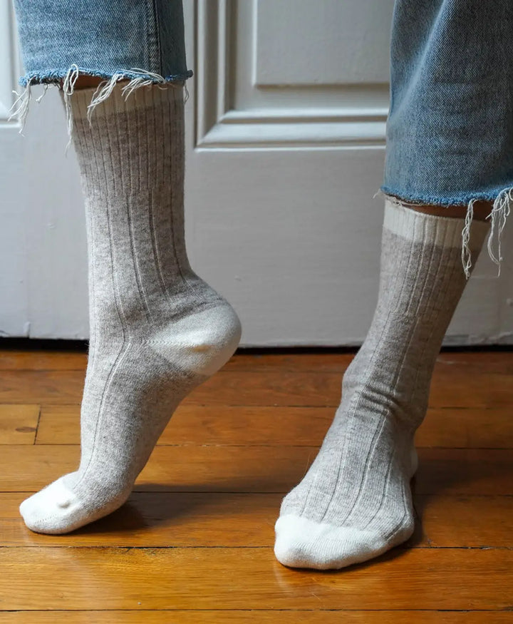 Socken Merinowolle mit Streifen - Sand / Creme