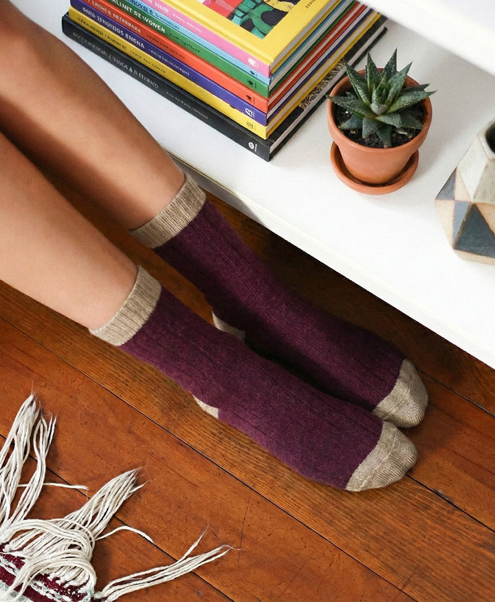 Socken Merinowolle mit Streifen - Dunkelrot / Hellbraun