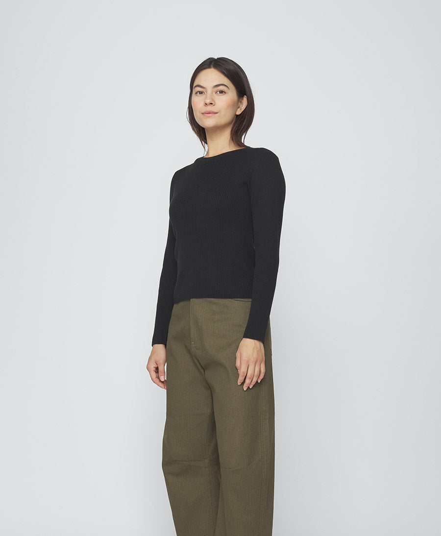 Top Feinstrick Ribbed Langarm - Schwarz