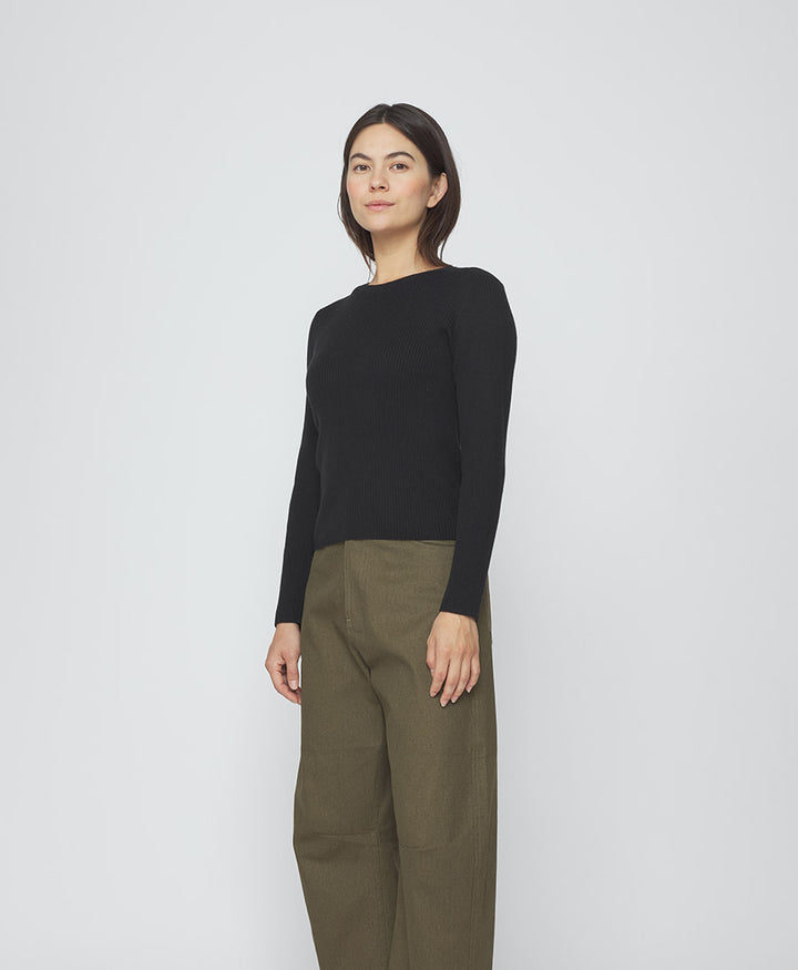 Top Feinstrick Ribbed Langarm - Schwarz