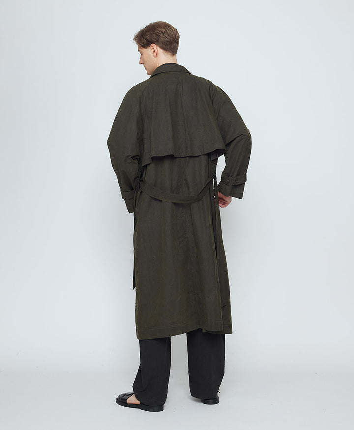 Mantel Long Rain Trench aus gewachster Baumwolle - Deep Olive