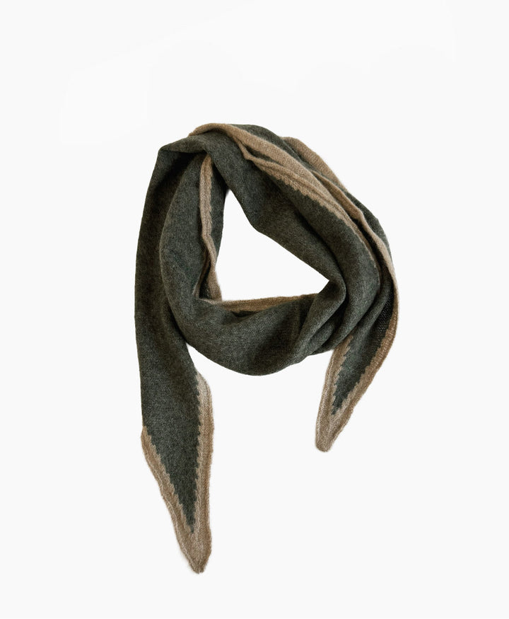 Kleiner Gestrickter Schal / Foulard aus Kaschmir - Dunkelgrün-Grau / Beige